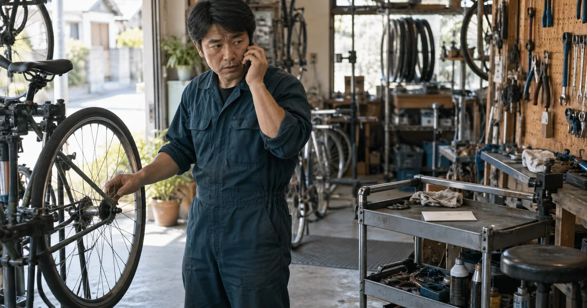 自転車修理の作業を止め、書類を渡す前に電話で連絡先を確かめる作業者