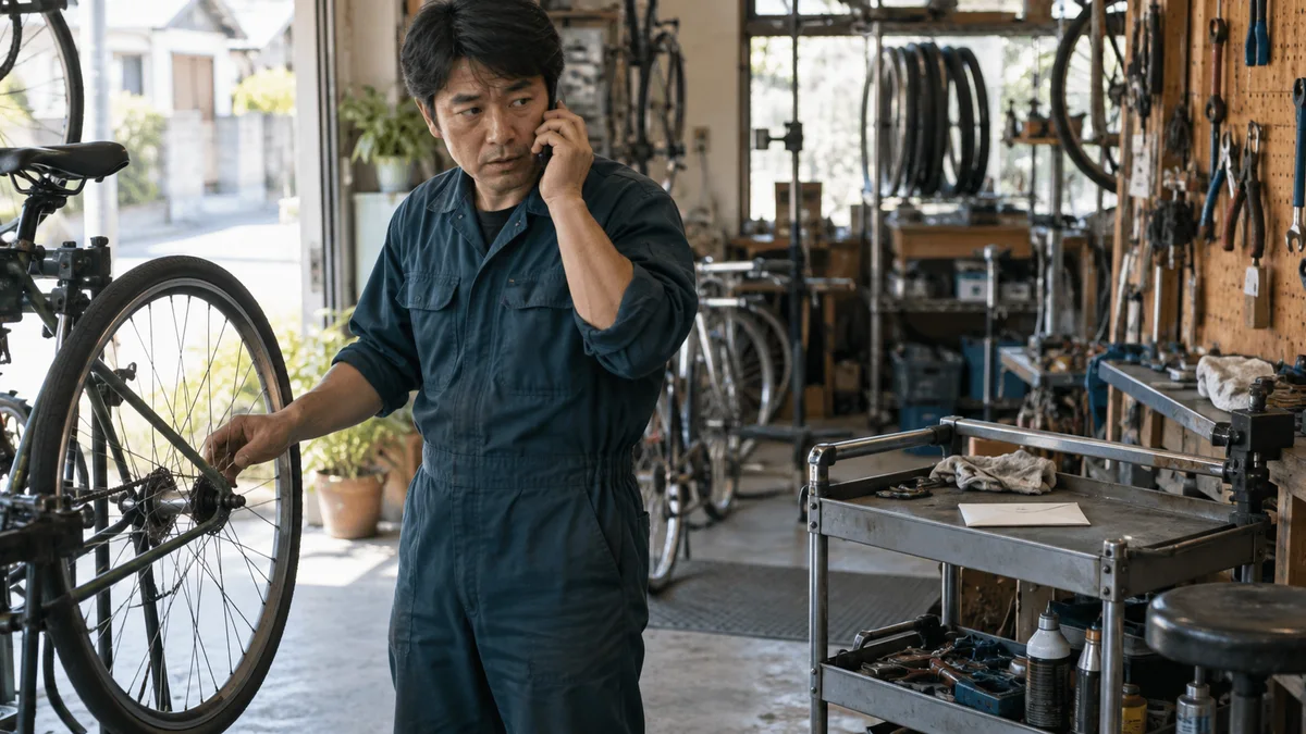 自転車修理の作業を止め、書類を渡す前に電話で連絡先を確かめる作業者