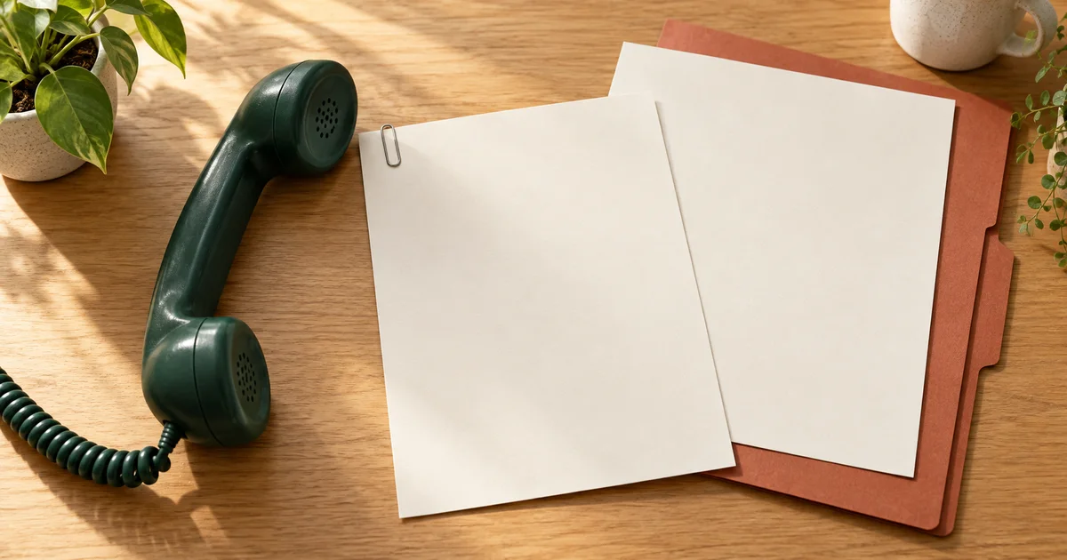 緑の電話の受話器と、確認用に分けて並べた無地の書類