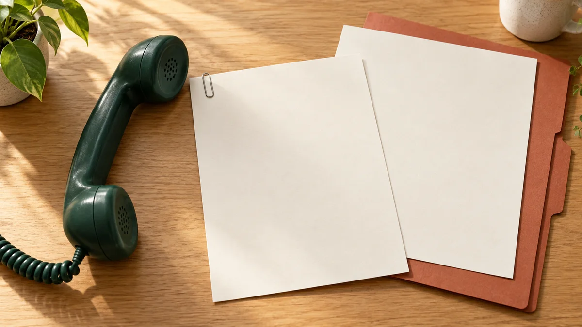 緑の電話の受話器と、確認用に分けて並べた無地の書類