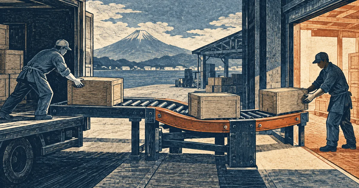 工場の荷物を二つの経路で受け渡す作業者を描いた版画調のイラスト