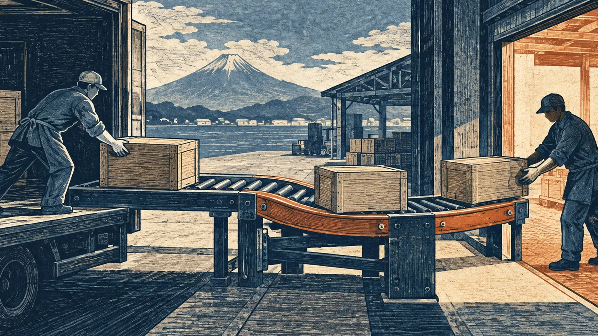工場の荷物を二つの経路で受け渡す作業者を描いた版画調のイラスト