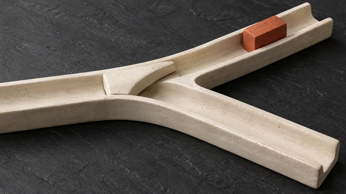 分岐する陶製のレールの片側だけにブロックを置いた、契約先を一つに絞るイメージ